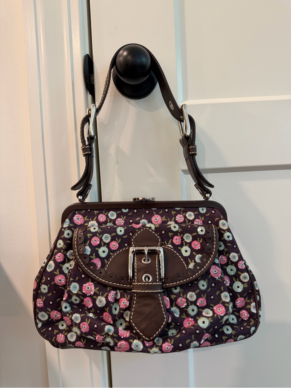Isabella Fiore Floral Buckle Accent Brown Shoulder Bag